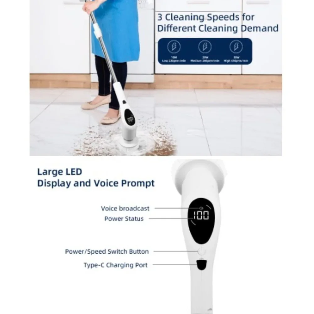 Cordless LED Electric Spin Scrubber/ Voice Prompt/ 3 Speeds/ Extension Arm/ IPX7